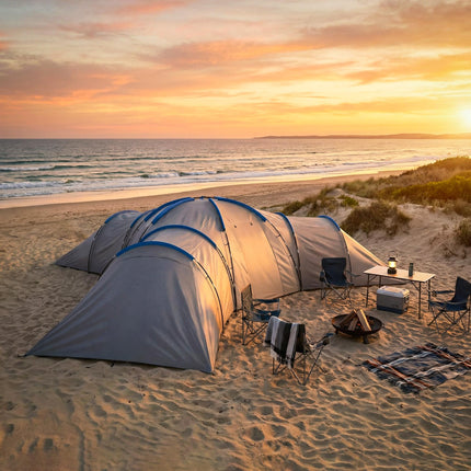 6-9 Man Large Tunnel Tent with 3 Bedrooms, Living Area and Porch, Light Grey