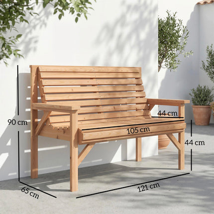 2 Seater Wooden Garden Bench, Slatted Patio Bench with Armrest and Backrest, Out