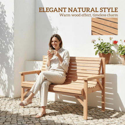 2 Seater Wooden Garden Bench, Slatted Patio Bench with Armrest and Backrest, Out