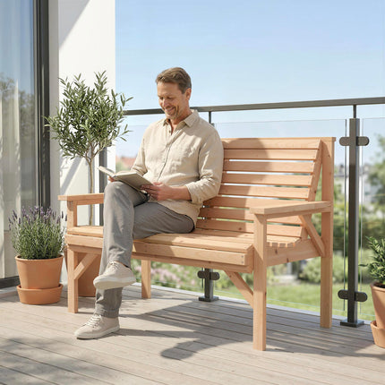 2 Seater Wooden Garden Bench, Slatted Patio Bench with Armrest and Backrest, Out