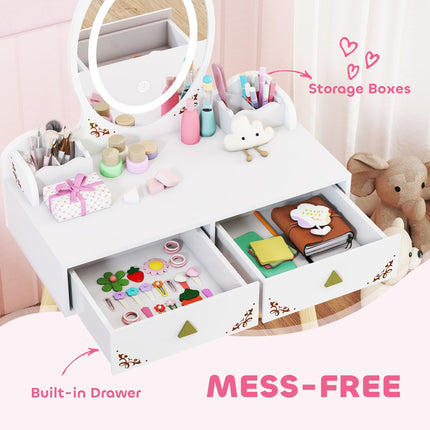 AIYAPLAY Kids Vanity Table and Chair Set with 3-Colour LED Lights Mirror, Drawer, Storage Boxes, for 3+ Years, White
