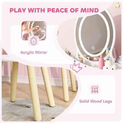 AIYAPLAY Kids Vanity Table and Chair Set with 3-Colour LED Lights Mirror, Drawer, Storage Boxes, for 3+ Years, White