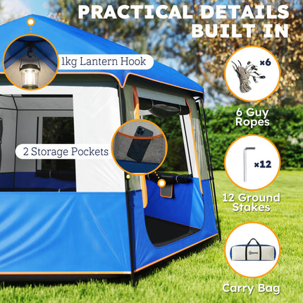 Cabin Tent Easy Setup 3000mm Waterproof Camping Tent 4 Person with Carrying Bag Blue