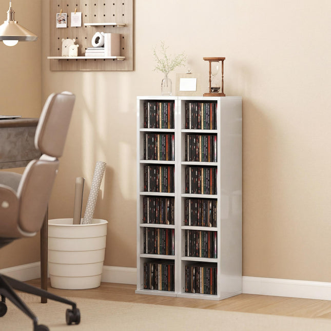 Set of 2 CD Media Display Shelf Unit Tower Rack with Adjustable Shelves, High Gloss White