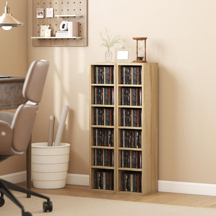 Set of 2 CD Media Display Shelf Unit Tower Rack with Adjustable Shelves, Oak