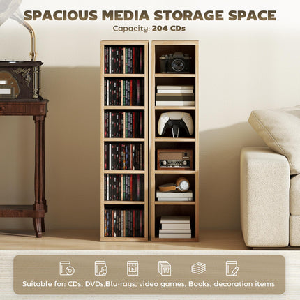 Set of 2 CD Media Display Shelf Unit Tower Rack with Adjustable Shelves, Oak