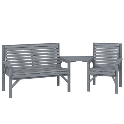 Wooden Garden Furniture Set with Parasol Hole, 1 Chair, 1 Bench and Detachable Table, Grey Embossed Finish