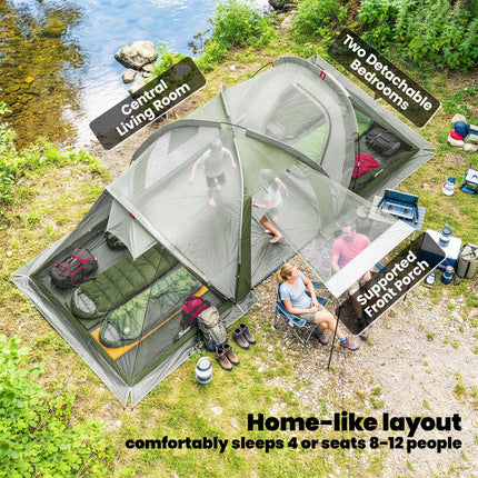 Family Camping Tent 3000mm Waterproof Windproof Tunnel Tent 8-12 Person Two Bedrooms Green
