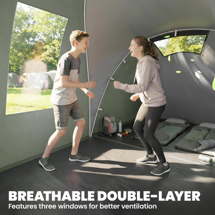 Family Camping Tent 3000mm Waterproof Windproof Tunnel Tent 8-12 Person Two Bedrooms Green