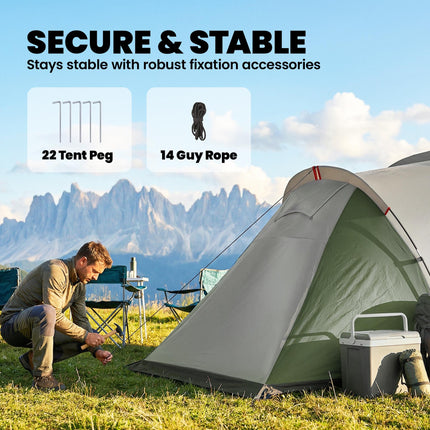 Family Camping Tent 3000mm Waterproof Windproof Tunnel Tent 8-12 Person Two Bedrooms Green
