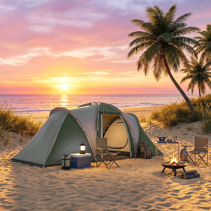Family Camping Tent 3000mm Waterproof Windproof Tunnel Tent 8-12 Person Two Bedrooms Green