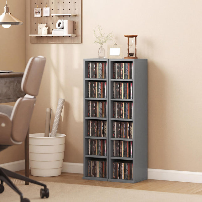 Set of 2 CD Media Display Shelf Unit Tower Rack with Adjustable Shelves, Light Grey