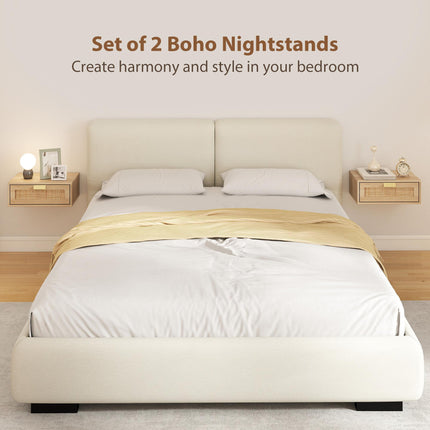 HOMCOM Floating Bedside Tables Set of 2, Wall Mounted Bedside Cabinets with Rattan Drawer and Wood Effect, Oak