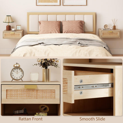 HOMCOM Floating Bedside Tables Set of 2, Wall Mounted Bedside Cabinets with Rattan Drawer and Wood Effect, Oak