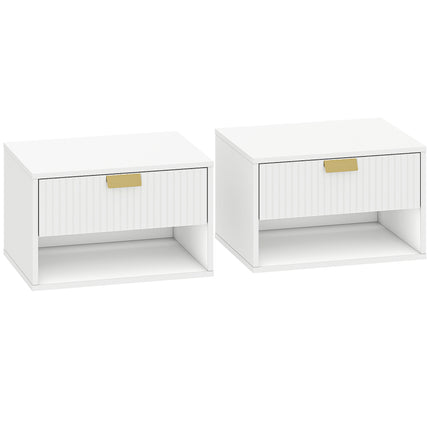 Set of 2 Wall Mounted Nightstands, Floating Bedside Tables with Fluted Drawer and Open Shelf for Small Bedroom, White