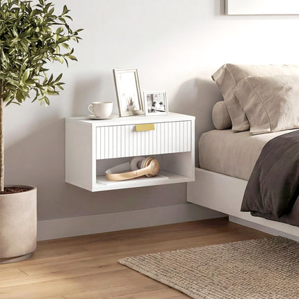 Set of 2 Wall Mounted Nightstands, Floating Bedside Tables with Fluted Drawer and Open Shelf for Small Bedroom, White