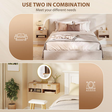 Set of 2 Wall Mounted Nightstands, Floating Bedside Tables with Fluted Drawer and Open Shelf for Small Bedroom, Oak