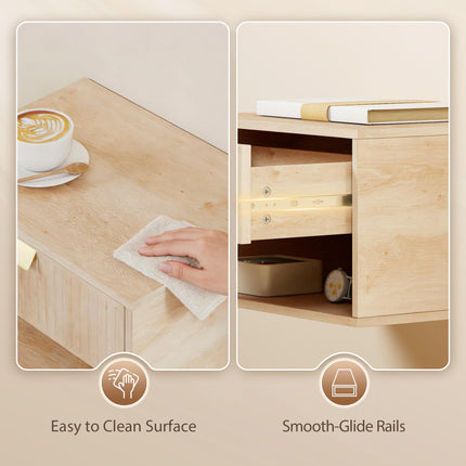 Set of 2 Wall Mounted Nightstands, Floating Bedside Tables with Fluted Drawer and Open Shelf for Small Bedroom, Oak