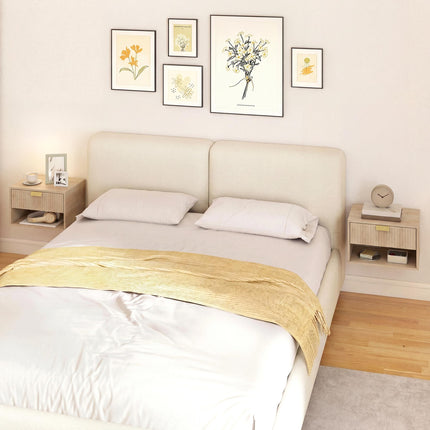 Set of 2 Wall Mounted Nightstands, Floating Bedside Tables with Fluted Drawer and Open Shelf for Small Bedroom, Oak