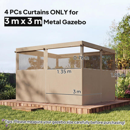 4 Pack Replacement Gazebo Curtains Privacy Panel for Most 3 x 3 m Gazebo, Outdoor Shelter Sidewalls, Khaki