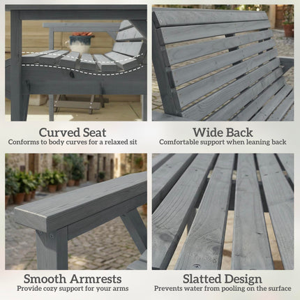 2 Seater Wooden Garden Bench, Slatted Patio Bench with Armrest and Backrest, Outdoor Furniture for Indoor, Balcony