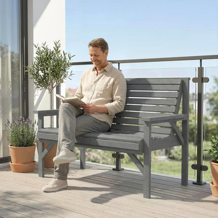 2 Seater Wooden Garden Bench, Slatted Patio Bench with Armrest and Backrest, Outdoor Furniture for Indoor, Balcony