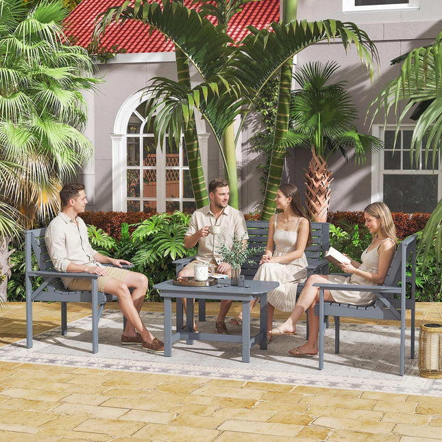 4 Piece Wooden Garden Furniture Set, Outdoor Garden Sofa Set with 2 Armchairs, Loveseat and Coffee Table, Grey