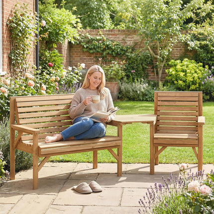 Wooden Garden Furniture Set , 1 Chair, 1 Bench and Detachable Table, Natural Wood Finish