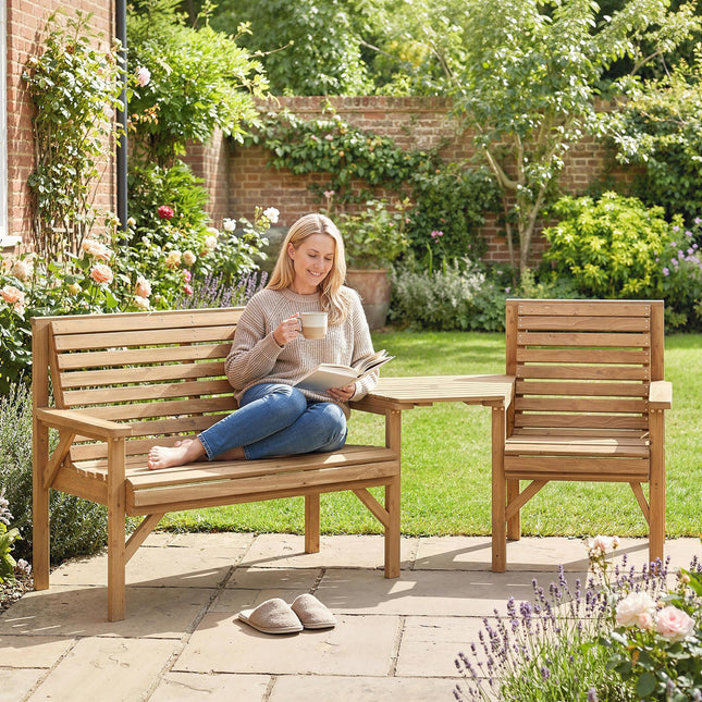 Wooden Garden Furniture Set , 1 Chair, 1 Bench and Detachable Table, Natural Wood Finish