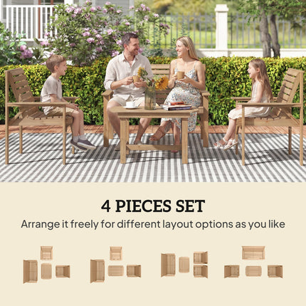 4 Piece Wooden Garden Furniture Set, Outdoor Garden Sofa Set with 2 Armchairs, Loveseat and Coffee Table, Natural Wood