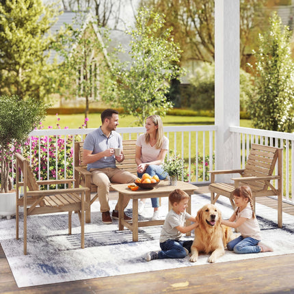 4 Piece Wooden Garden Furniture Set, Outdoor Garden Sofa Set with 2 Armchairs, Loveseat and Coffee Table, Natural Wood