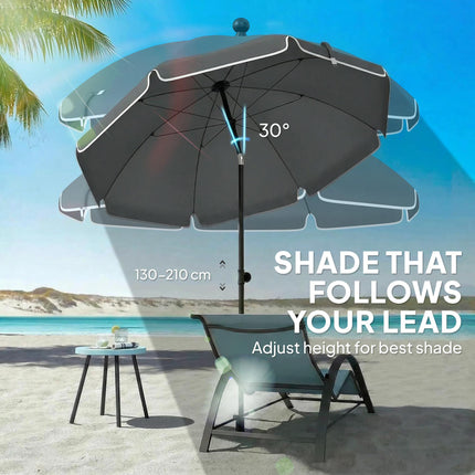 1.8 m Beach Umbrella Parasol with Sand Anchor, Portable 30° Tilting Patio Sun Shade with Adjustable Height, Dark Grey