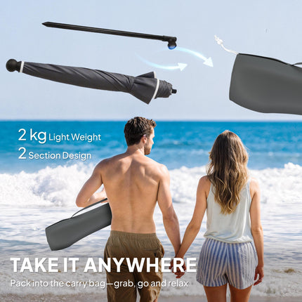 1.8 m Beach Umbrella Parasol with Sand Anchor, Portable 30° Tilting Patio Sun Shade with Adjustable Height, Dark Grey