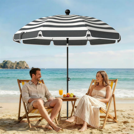 1.8 m Beach Umbrella Parasol with Sand Anchor, Portable 30° Tilting Patio Sun Shade with Adjustable Height, Grey/White