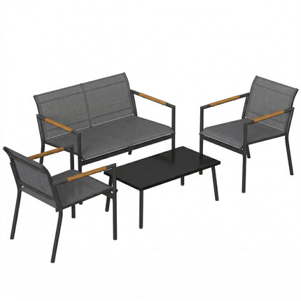 4 Seater Garden Furniture Set with Loveseat, Armchairs, Table, Metal Garden Sofa Set with Breathable Seats, Grey