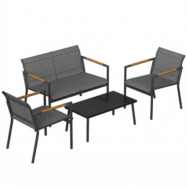 4 Seater Garden Furniture Set with Loveseat, Armchairs, Table, Metal Garden Sofa Set with Breathable Seats, Grey