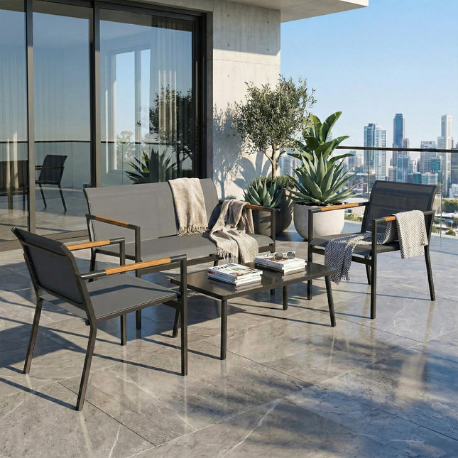 4 Seater Garden Furniture Set with Loveseat, Armchairs, Table, Metal Garden Sofa Set with Breathable Seats, Grey