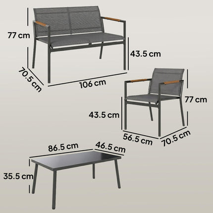 4 Seater Garden Furniture Set with Loveseat, Armchairs, Table, Metal Garden Sofa Set with Breathable Seats, Grey