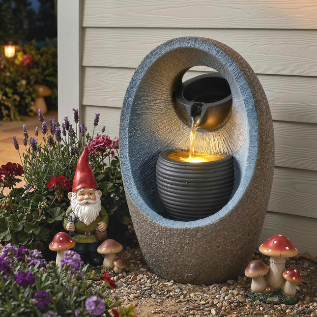 Water Feature with 2-Tier Bowls, Garden Water Fountain with Pump and LED Lights, Resin Cascading Waterfall