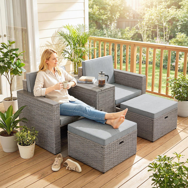 Outsunny 5 Piece Rattan Garden Furniture Set with Storage Table, Footstools, Cushions, Dark Grey