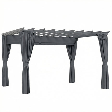 3.6 x 3 m Pergola with Retractable Roof Canopy, Curtains, Aluminium Garden Pergola Gazebo Sun Shade Shelter, Dark Grey