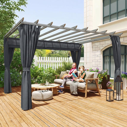 3.6 x 3 m Pergola with Retractable Roof Canopy, Curtains, Aluminium Garden Pergola Gazebo Sun Shade Shelter, Dark Grey