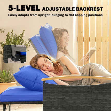 Double Garden Rattan Daybed, Wicker Sun Bed Chaise Lounger with Storage Ottoman, 4-Level Adjustable Backrest, Brown