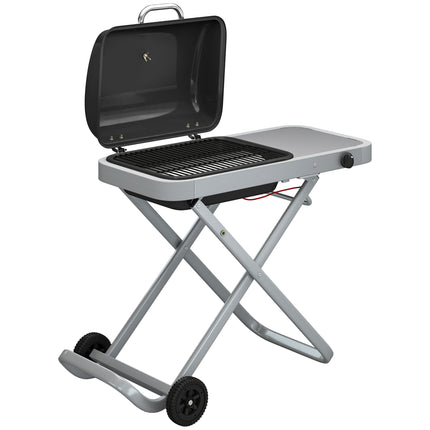 Foldable Gas BBQ Grill with Side Table, Portable Gas Barbecue Grill with Thermometer, Grease Box, Wheels, 2.5 kW, Black
