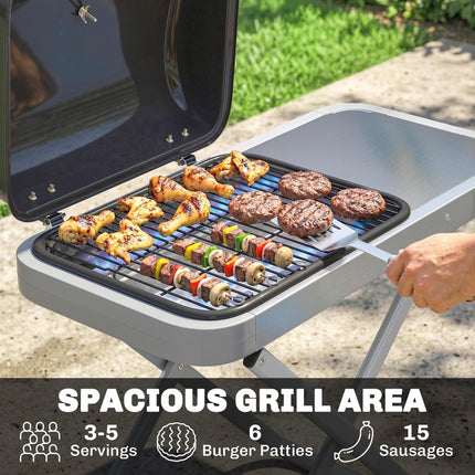 Foldable Gas BBQ Grill with Side Table, Portable Gas Barbecue Grill with Thermometer, Grease Box, Wheels, 2.5 kW, Black