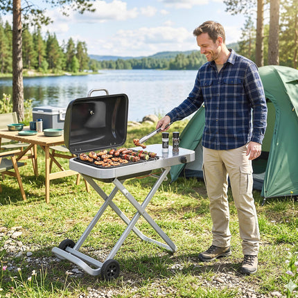 Foldable Gas BBQ Grill with Side Table, Portable Gas Barbecue Grill with Thermometer, Grease Box, Wheels, 2.5 kW, Black