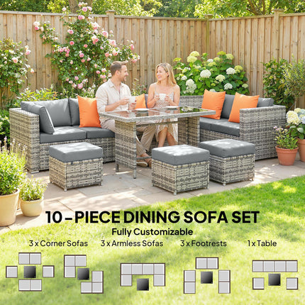 10 Piece Rattan Garden Furniture Set, 3 Corner Sofas with 3 Chairs, 3 Stools and Coffee Table, Outdoor Patio Furniture