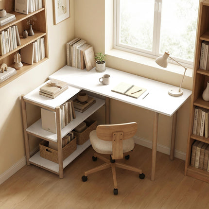 Computer Desk with Storage Shelves Modern Writing Desk Bamboo Frame for Home Off