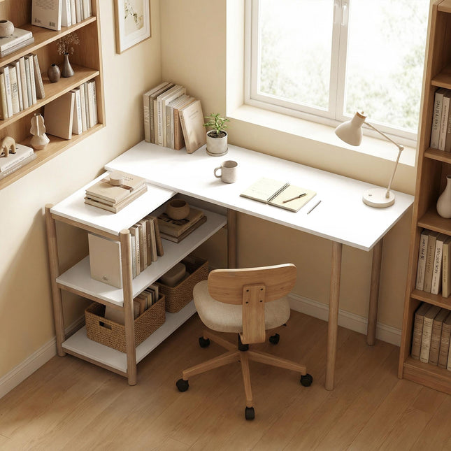 Computer Desk with Storage Shelves Modern Writing Desk Bamboo Frame for Home Off
