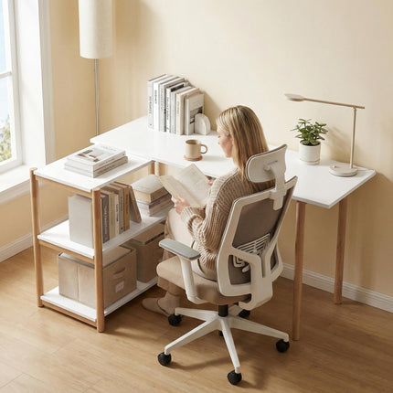 Computer Desk with Storage Shelves Modern Writing Desk Bamboo Frame for Home Off